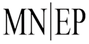 Black capital letters "MN" and "EP" are separated by a vertical line on a plain light background.
