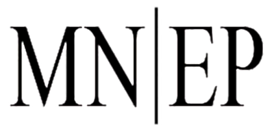 Black capital letters "MN" and "EP" are separated by a vertical line on a plain light background.